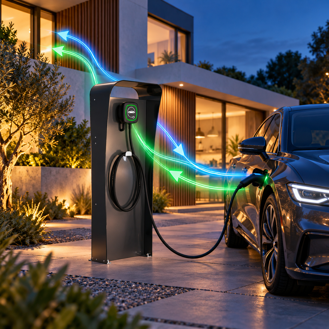 Auto elettrica collegata a una stazione VoltaCover con energia che fluisce verso la casa e dalla casa al veicolo