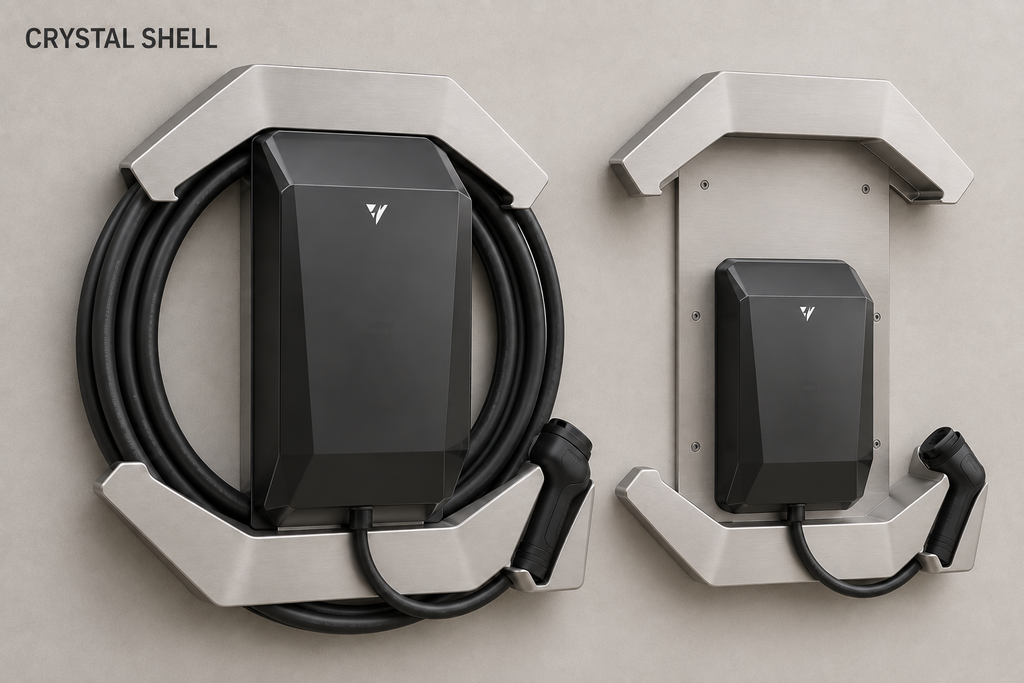 Crystal Shell in acciaio con supporto centrale ampliato, wallbox e avvolgicavo integrato